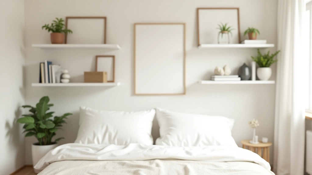 Styled white floating shelves in bedroom displaying folded linens, small potted plants, framed photos, and decorative books arranged in a balanced, visually appealing composition