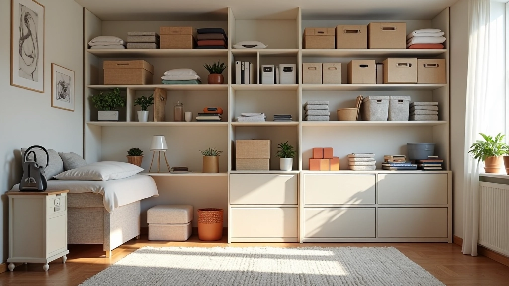 Organized bedroom showing sorted items in categories, vacuum bags, storage containers, and decluttered space