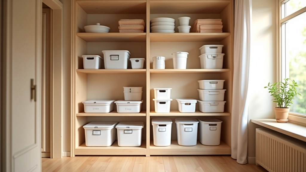 Organized home interior with labeled storage containers, rotating seasonal items, clean and minimalist aesthetic