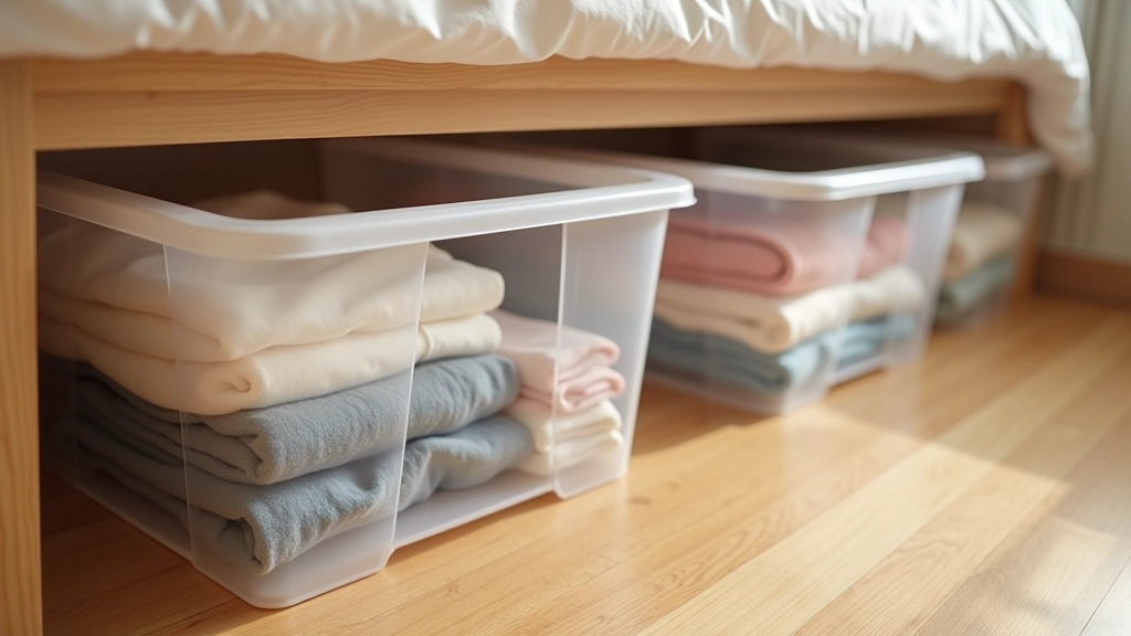 Under-bed storage containers with clear plastic showing organized seasonal clothing and vacuum-sealed bags