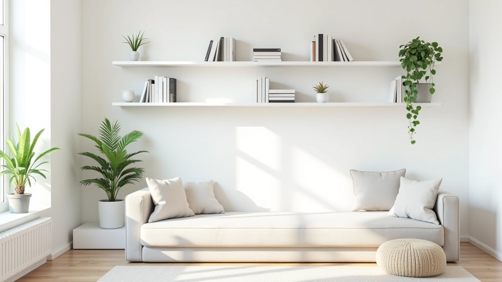 Minimalist living room with floor-to-ceiling white floating shelves displaying books, plants, and decorative objects in an organized pattern