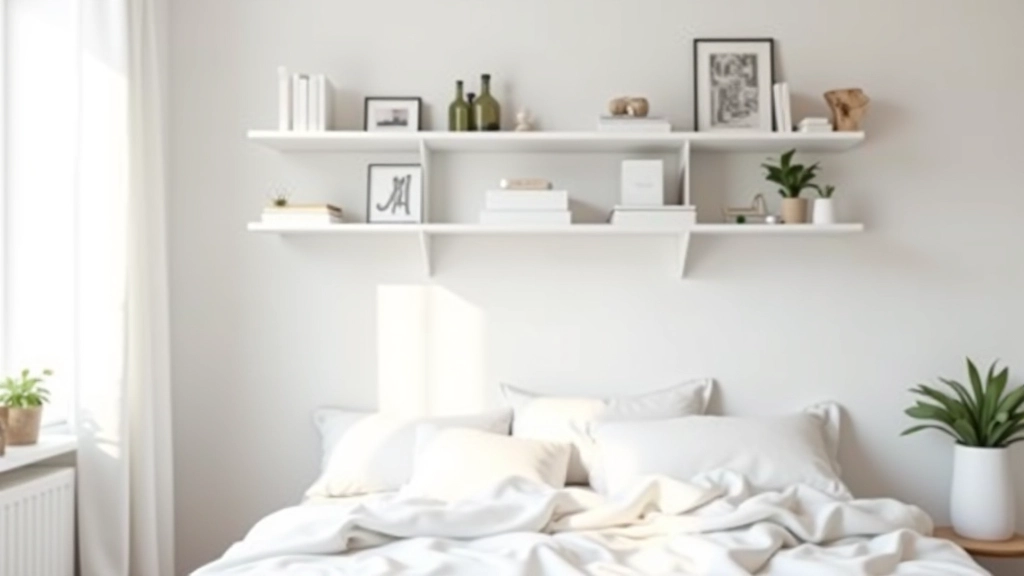 Modern bedroom with modular shelving displaying books, decorative items, and storage boxes arranged in asymmetrical pattern on white walls