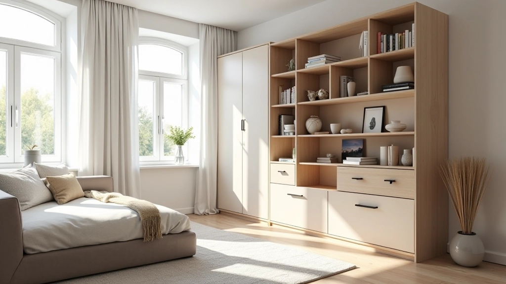 Modern Latvian living room with clever storage solutions, organized shelving, and minimalist furniture arrangement