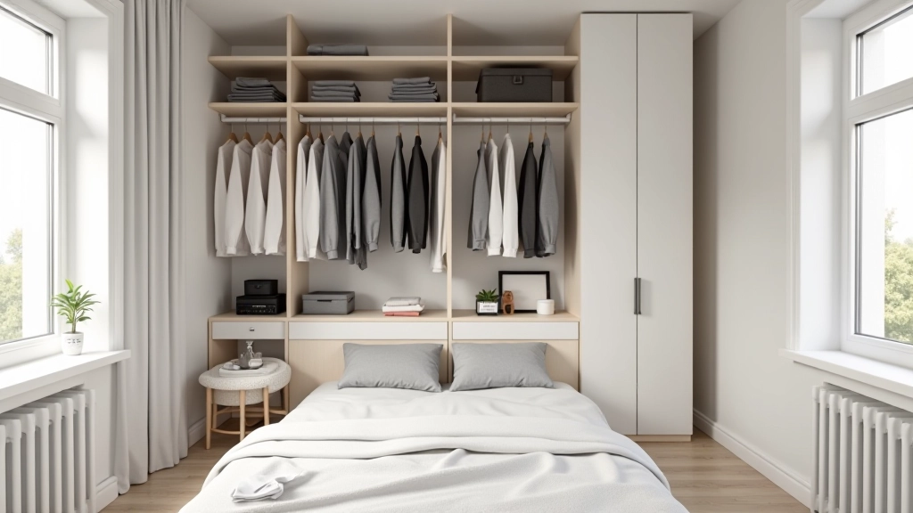 Modern bedroom with vertical shelving system installed on white walls, showing organized storage of folded clothes and decorative items