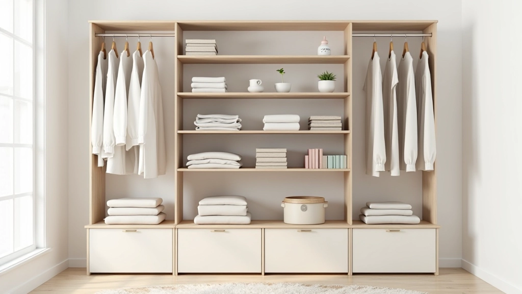 Organized modular storage with labeled plastic containers, folded textiles, and books arranged systematically on shelves showing efficient storage method