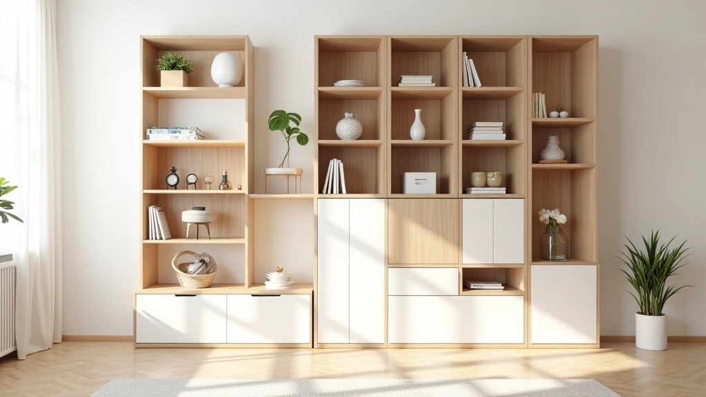 Modular furniture system with adjustable shelves and storage cubes, showing flexible arrangement in living room space