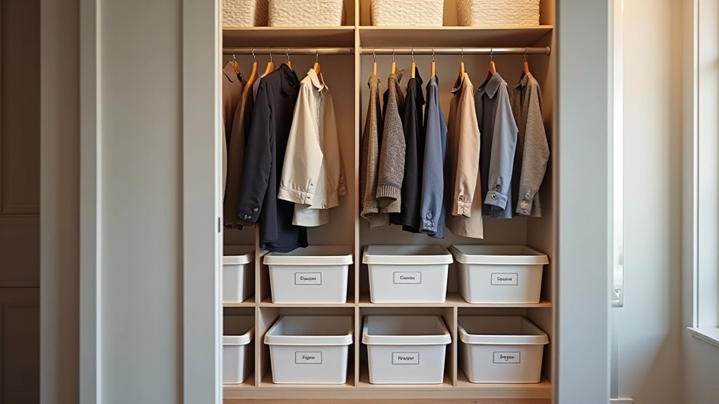 Seasonal storage rotation system showing labeled bins and organized closet space with winter and summer items separated