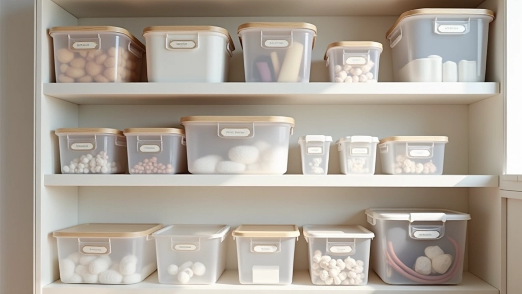 Organized storage shelves with labeled seasonal storage containers and vacuum-sealed bags neatly stacked