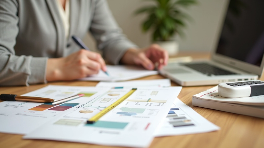 Home organization workspace with storage planning materials and design samples