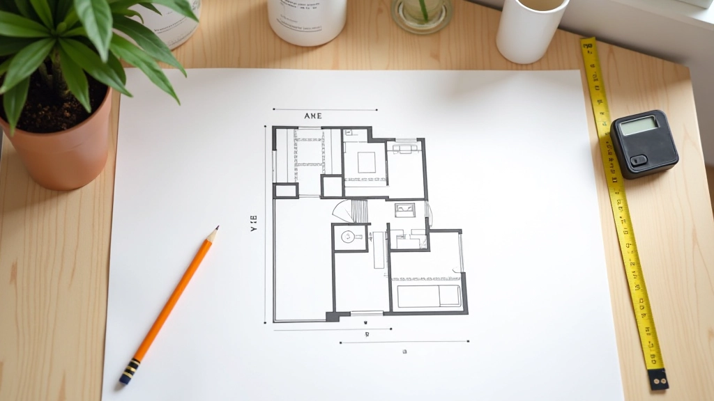 Detailed overhead view of apartment floor plan with measurements marked, showing wall placement for shelving installation with colored markers and scale ruler