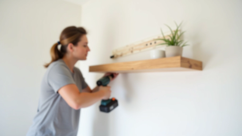 Installation of floating shelves on white wall, drill and mounting hardware visible, professional shelf installation