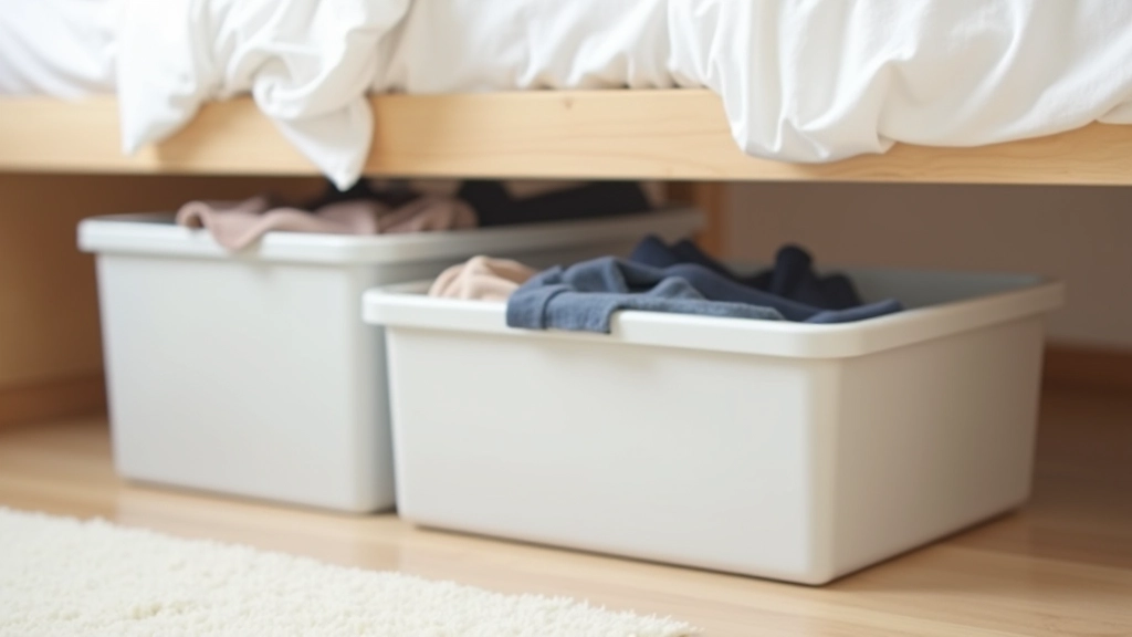 Stacked flat plastic storage boxes under a bed, labeled with seasonal items, showing organized stacking arrangement in bedroom space