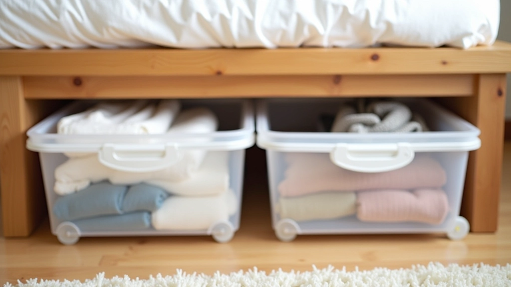 Under-bed storage containers with wheels showing organized seasonal items, clear plastic drawers under wooden bed frame