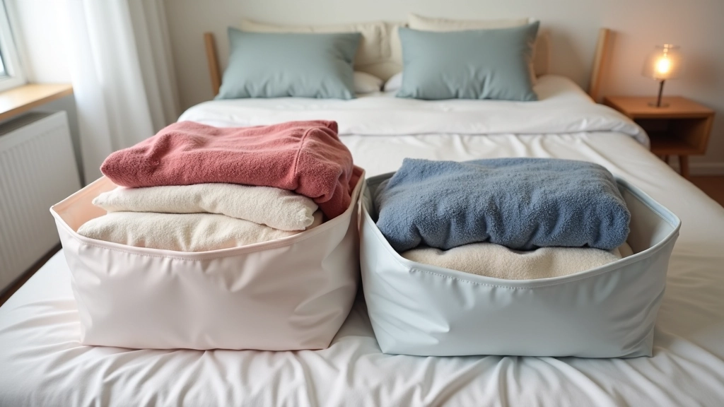 Vacuum-sealed storage bags with compressed winter clothing stacked compactly under bed, demonstrating space-saving compression technology