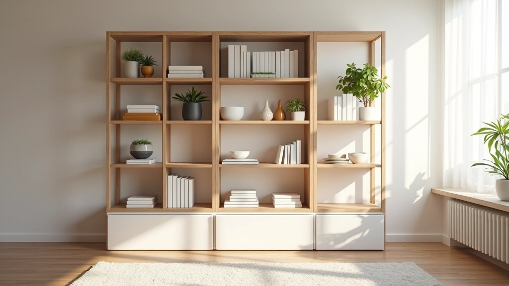 Modern organized home storage with vertical shelving and modular furniture
