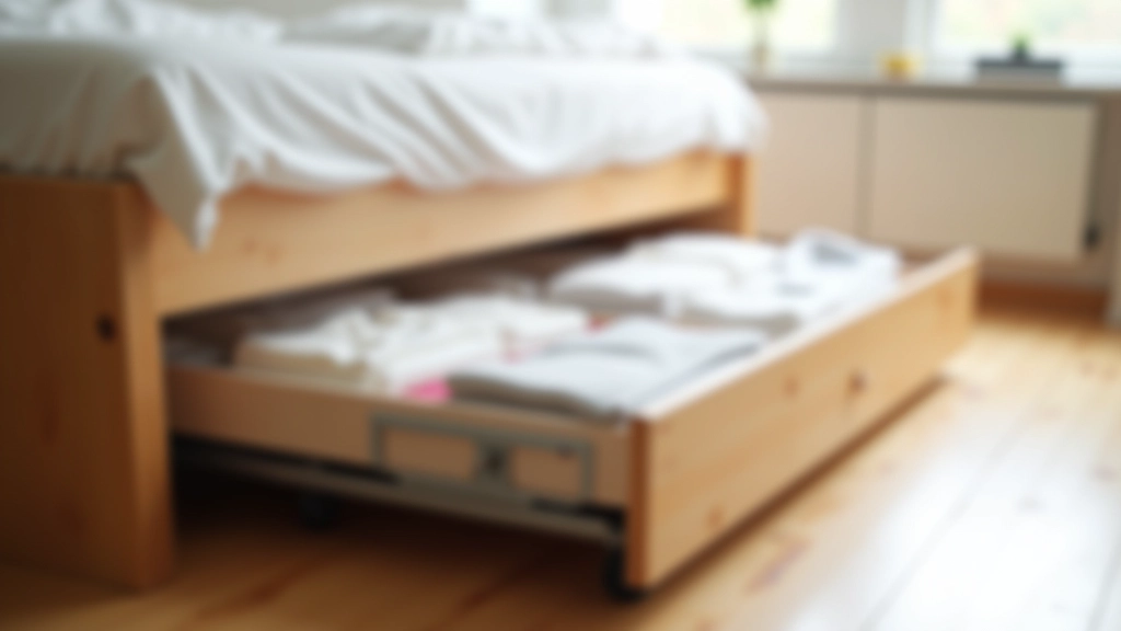 Wheeled under-bed storage drawer partially pulled out from beneath a bed, showing clear plastic sides with organized textiles inside, demonstrating easy access