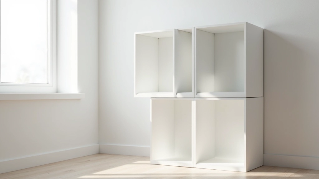 Close-up of stackable cube storage system in white showing individual units stacked in grid formation, demonstrating modular arrangement flexibility