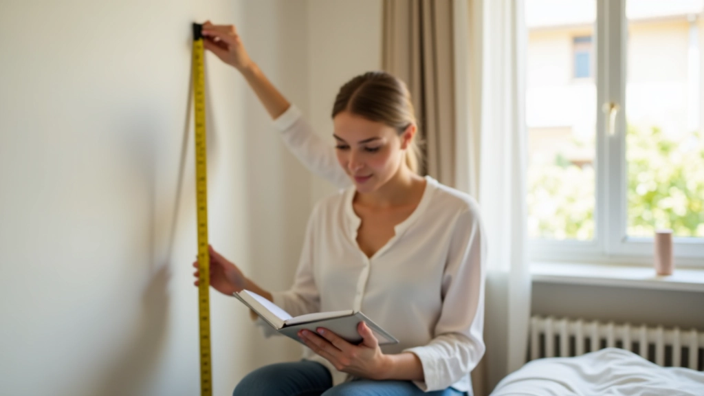 Person measuring wall space in bedroom with tape measure and notebook for storage planning